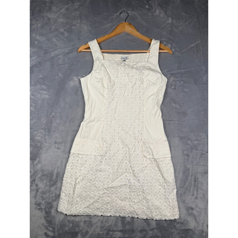 Bebe Tank Dress Womens Medium White Crochet Wide Strap Side Zip Square Neck